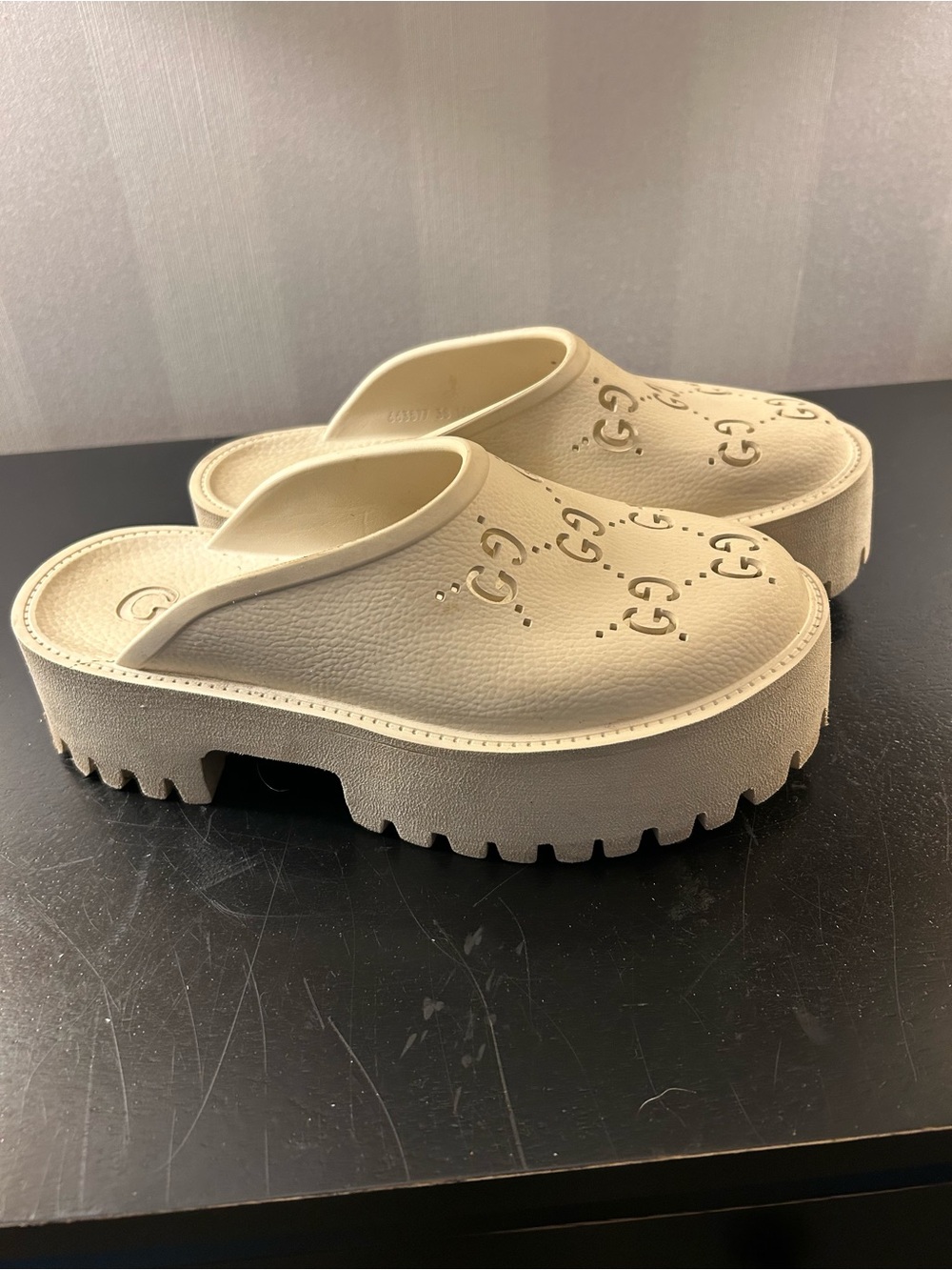 Gucci Cream Platform Clog Mule with Perforated GG
